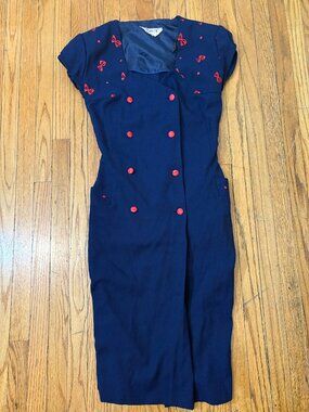 Vintage 50s Navy / Royal Blue Pinup Pencil Dress with Red Ornamental Details